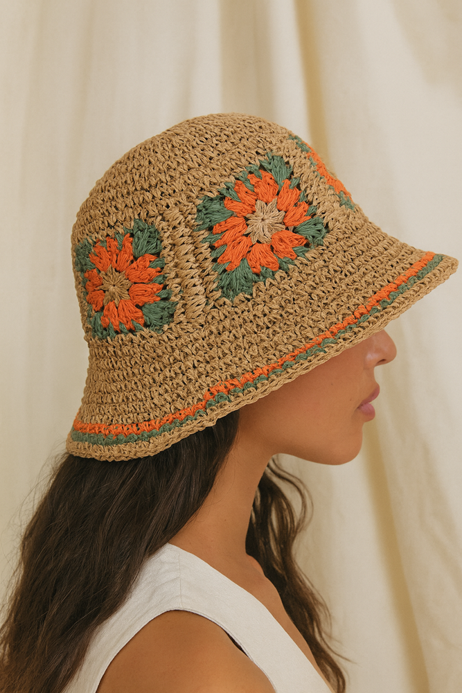 Emilia Straw Bucket Hat - Khaki Orange