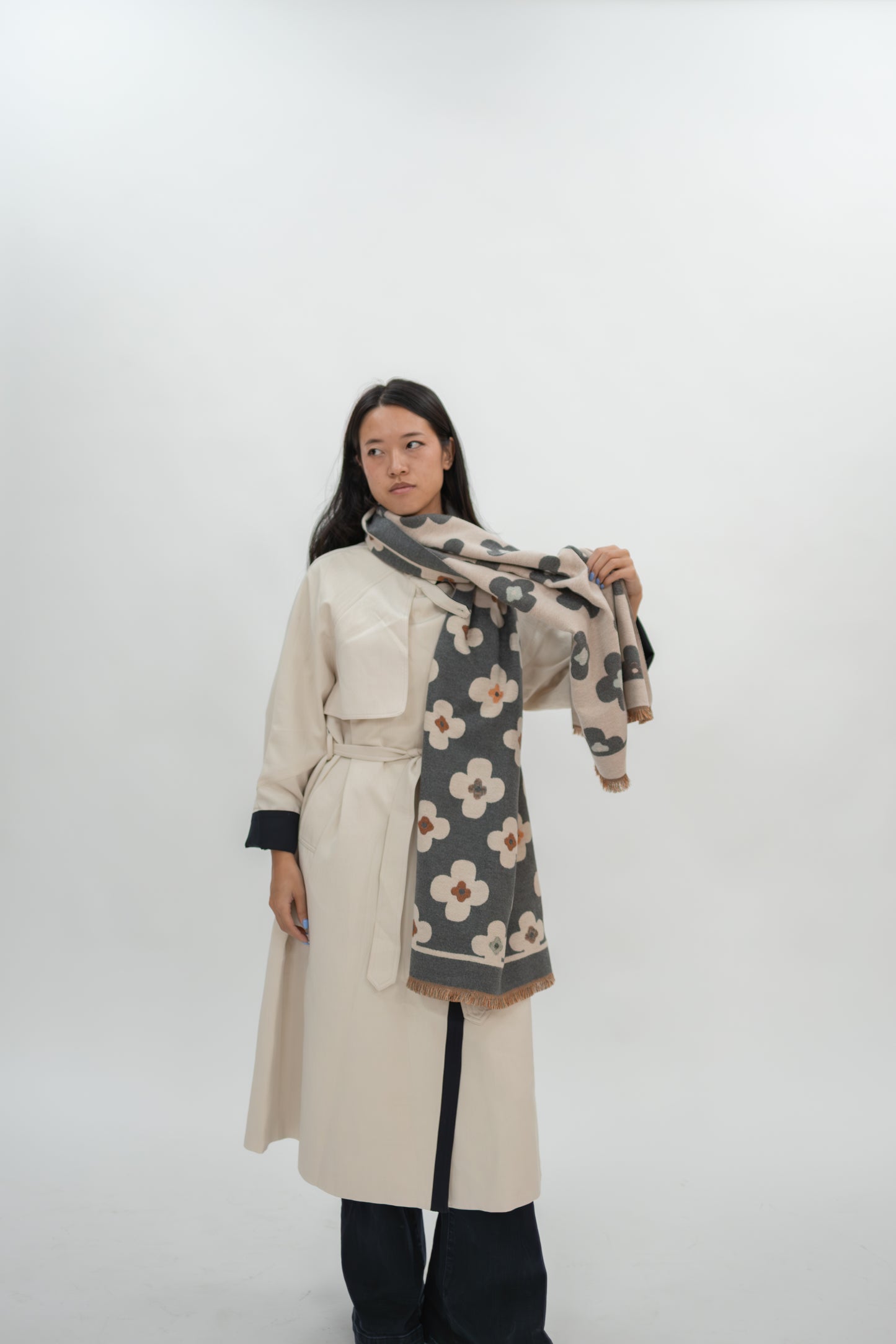 Floral Double Sided Scarf - Grey