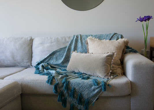 CHUNKY COTTON CHAMBRAY THROW TASSELS PRUSSIAN BLUE