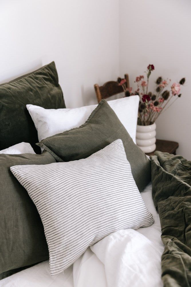LINEN STRIPE CUSHION OLIVE GREEN 50X40