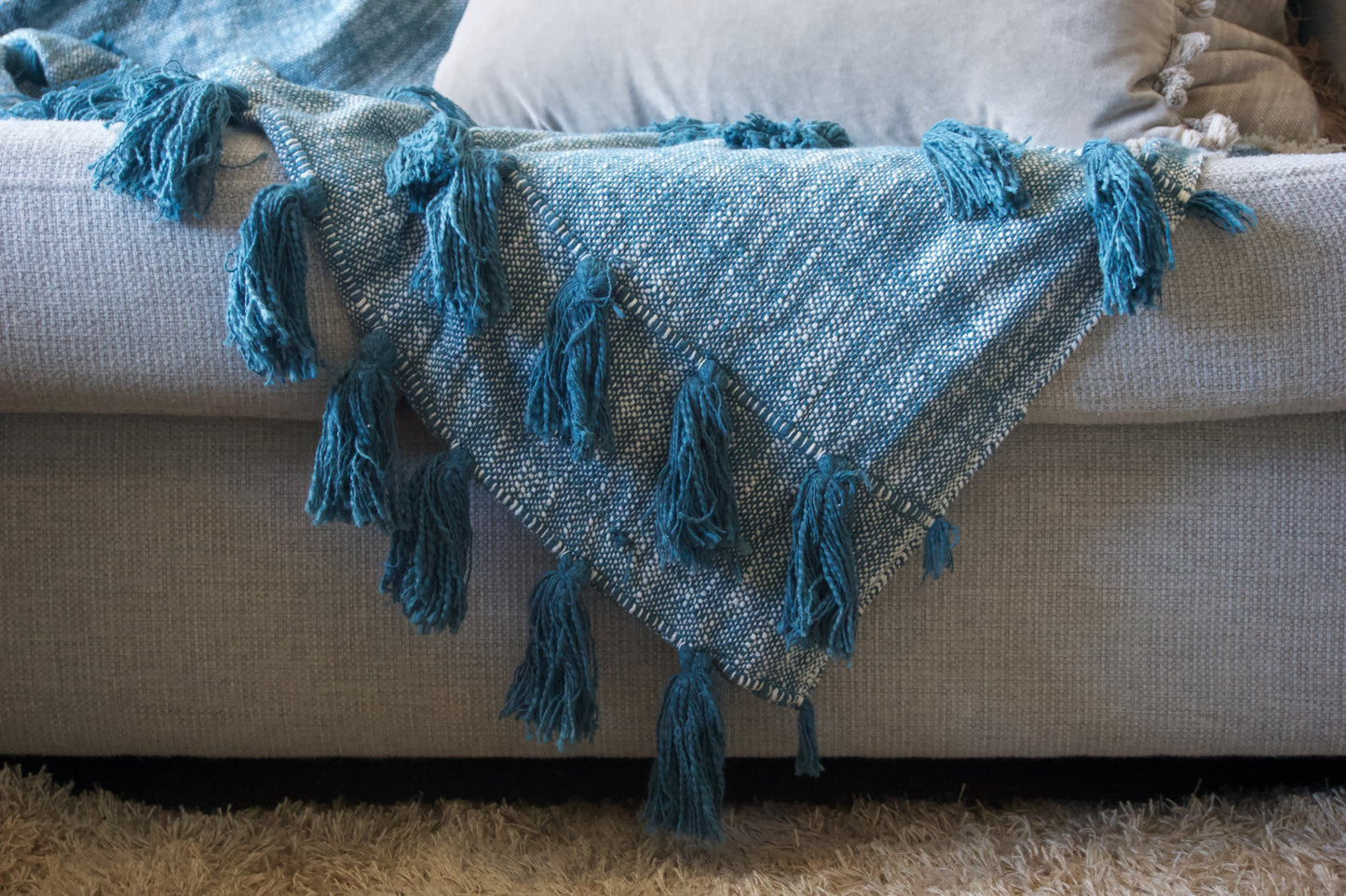 CHUNKY COTTON CHAMBRAY THROW TASSELS PRUSSIAN BLUE