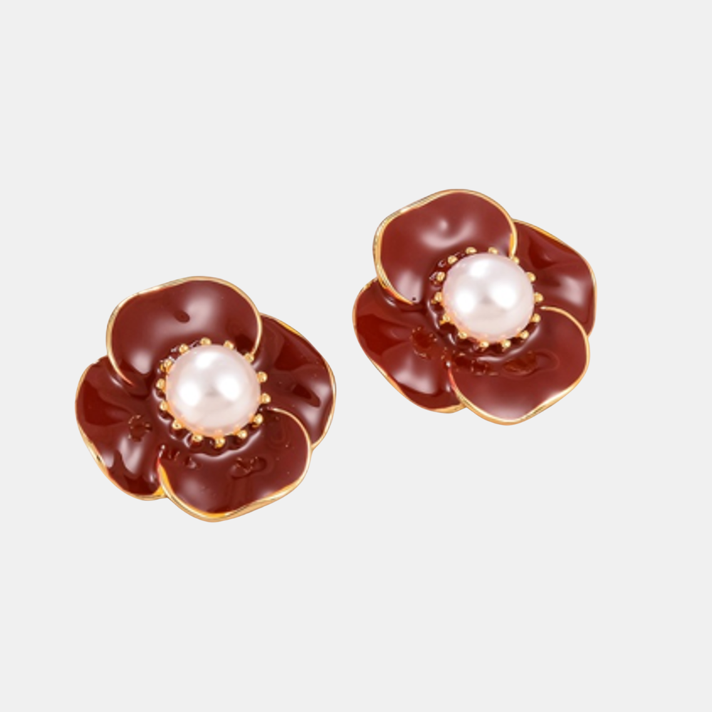 Maribel Floral Stud Earrings - Pearl Red