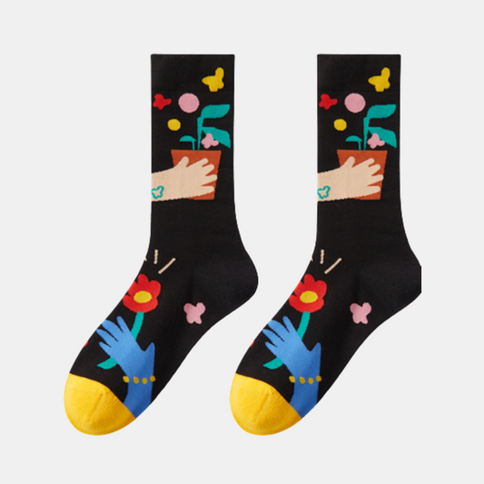 Socks - Black - Holding Flowers in Hand