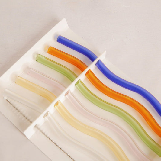 Reusable Glass Straws Set of 6 -  Wavy  Multi