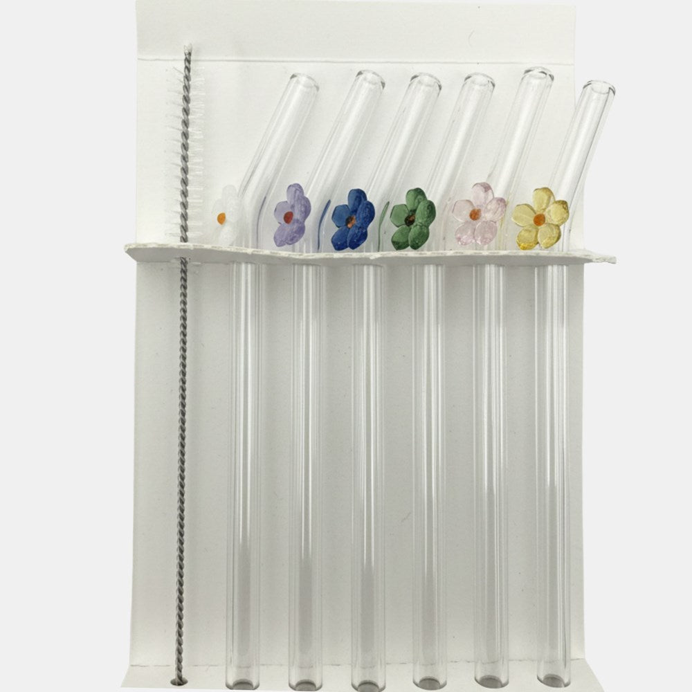 Reusable Glass Straws Set of 6 - Flowers Multi