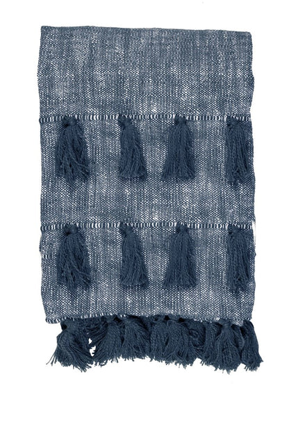 CHUNKY COTTON CHAMBRAY THROW TASSELS PRUSSIAN BLUE